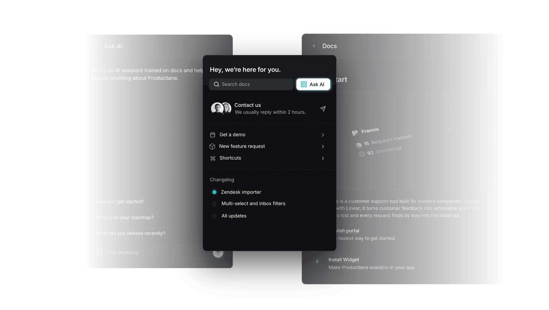 Support widget showing live chat, AI, and docs in one place